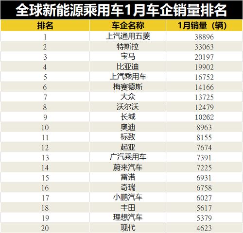 全球新能源汽车1月销量排名,TOP10榜单7款国产